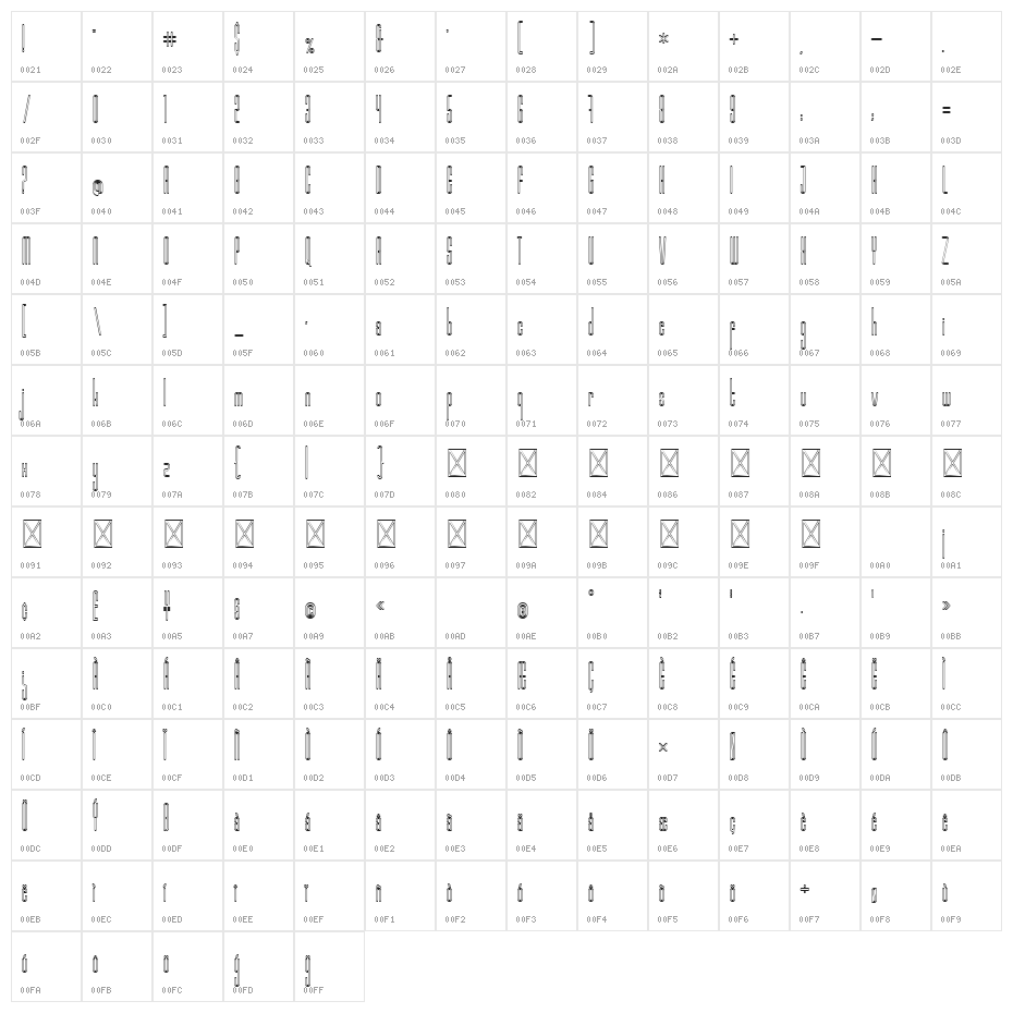 Marbellya Condensed Outline Character Map