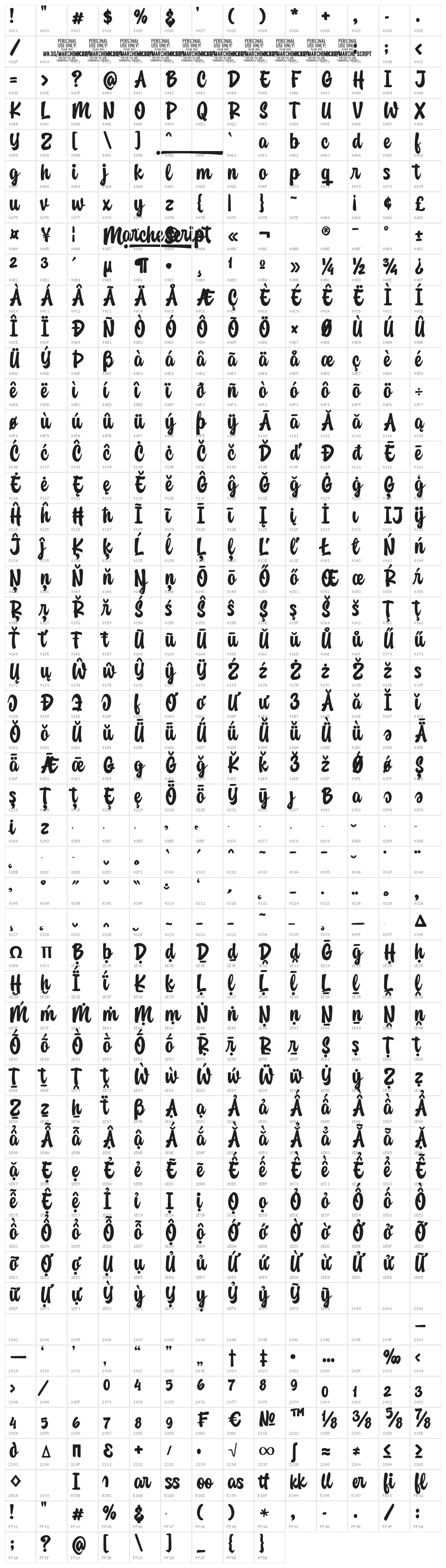 Marche Script PERSONAL USE Regular Character Map
