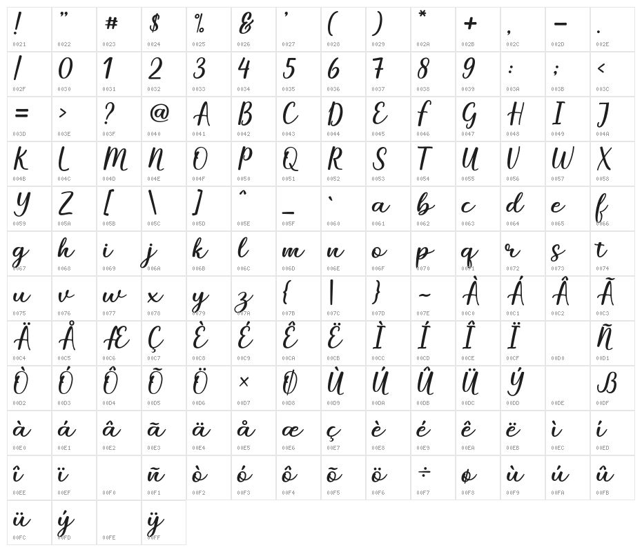MarelineScript-Regular Character Map