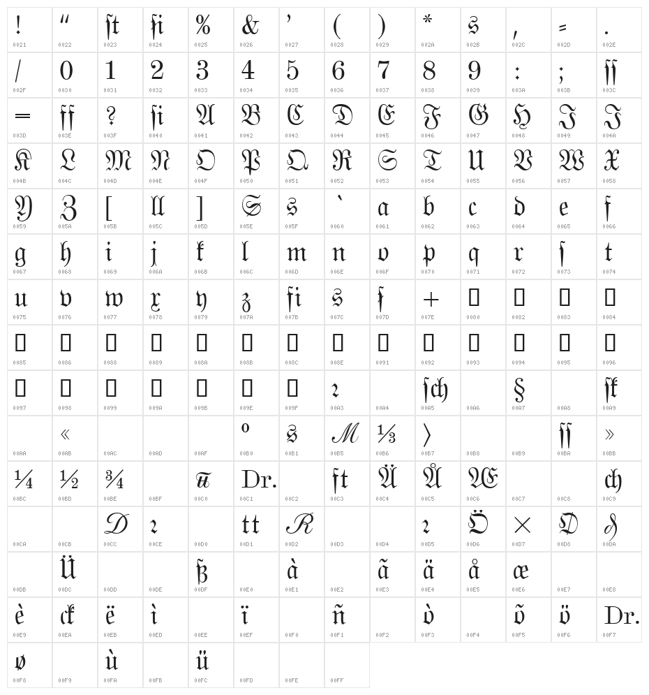 MarsFrakturLett Normal Character Map
