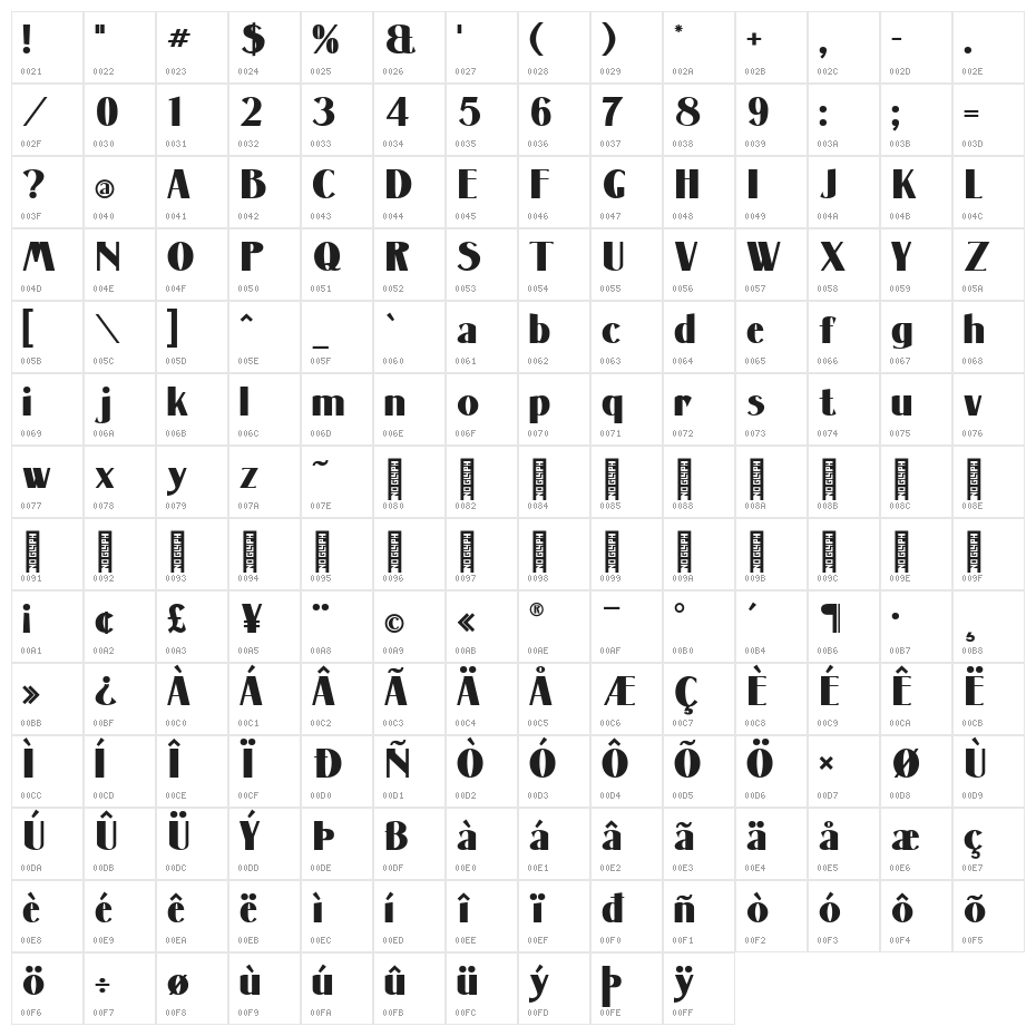 Massenet XBold Bold Character Map