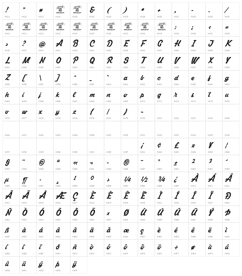 Mastoc Personal Use Only Character Map
