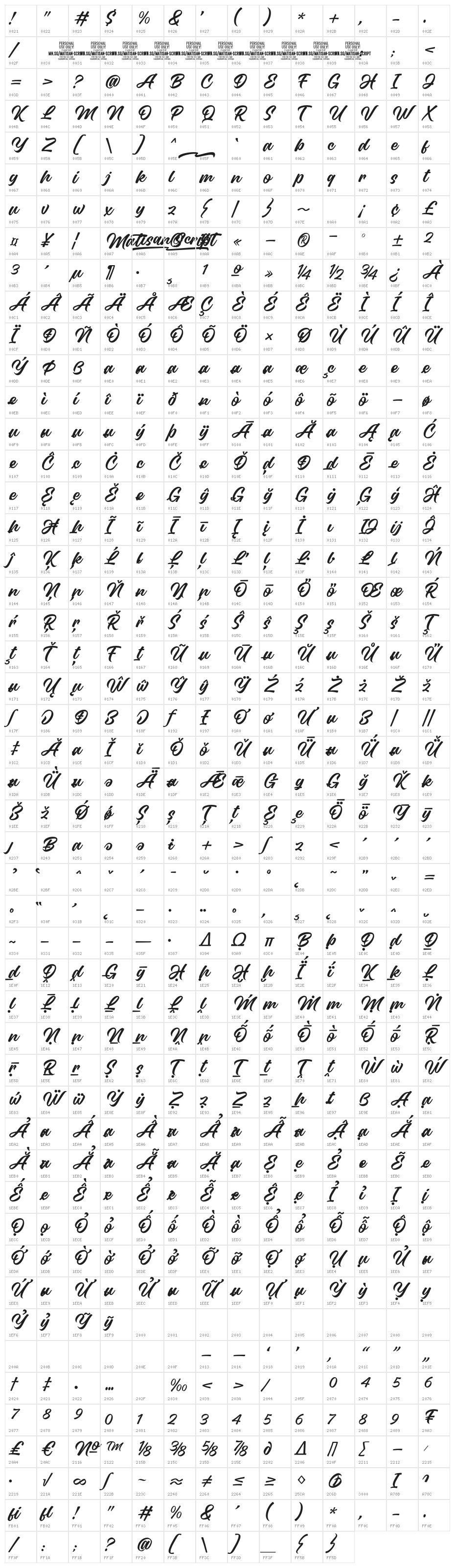 Matisan Script Alt PERSONAL Regular Character Map