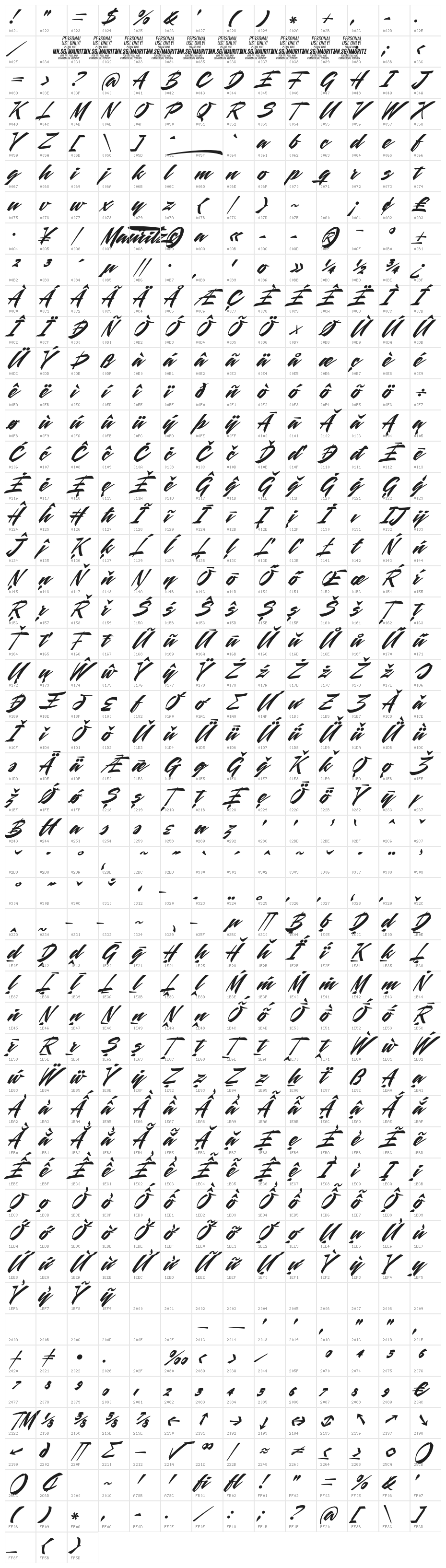 Mauritz Bold PERSONAL USE ONLY Bold Italic Character Map