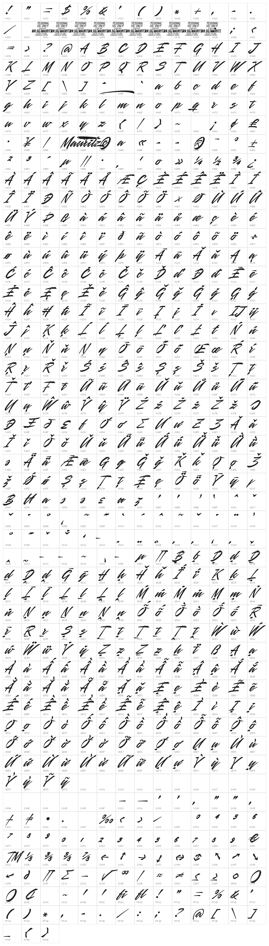 Mauritz PERSONAL USE ONLY Regular Italic Character Map