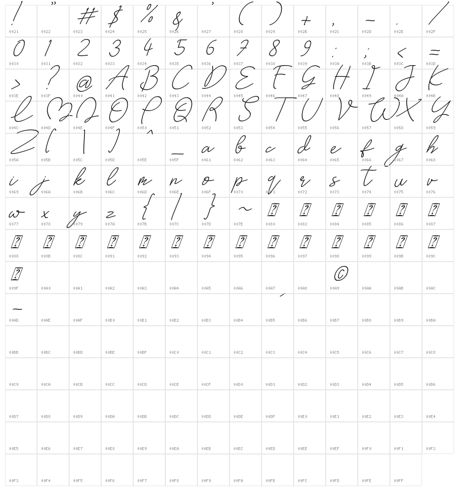 May Lova Italic Character Map