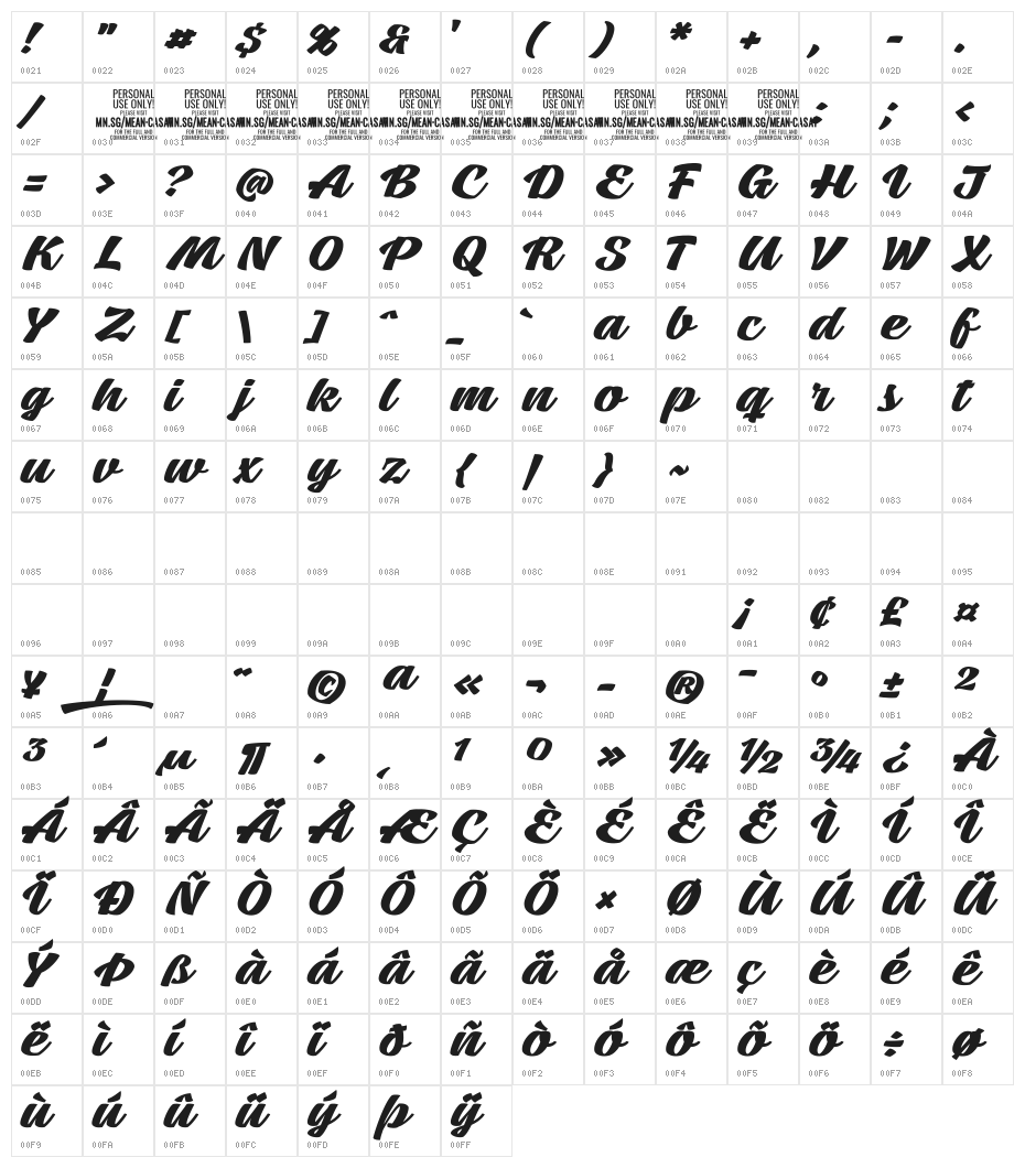 Mean Casat Bold PERSONAL USE Character Map