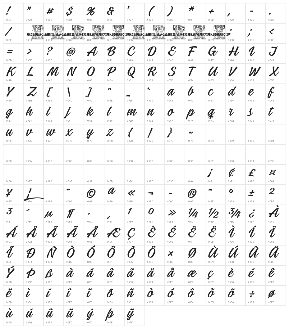 Mean Casat Light PERSONAL USE Character Map