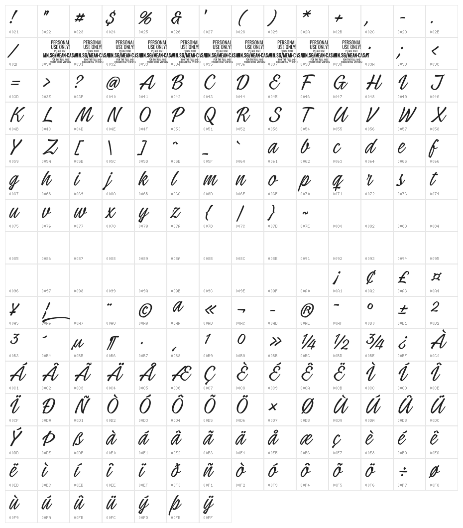 Mean Casat Thin PERSONAL USE Character Map
