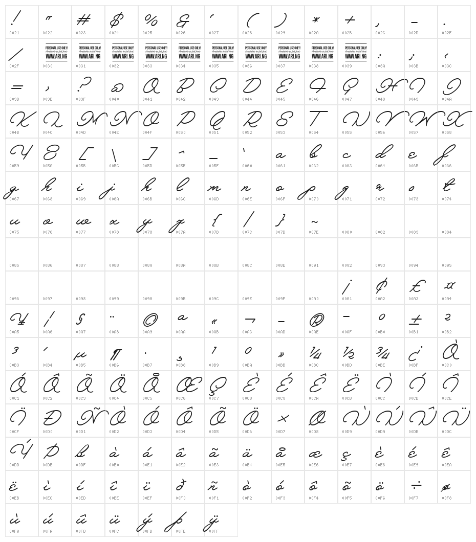 Melay Script PERSONAL USE Character Map