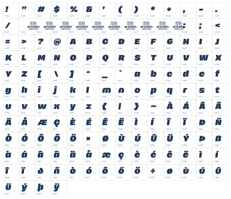MericaFuturistBlackItalic PERSONAL USE ONLY Character Map
