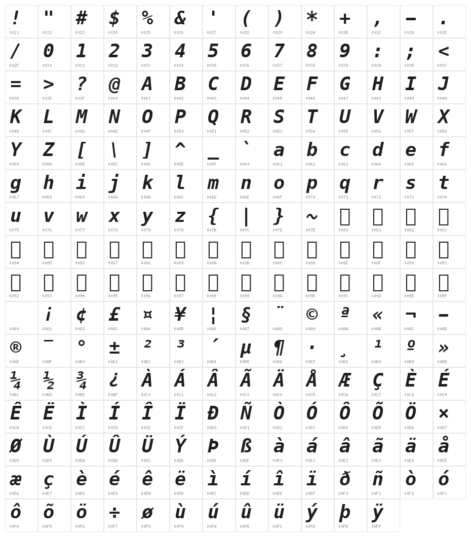 Meslo LG S DZ Bold Italic Character Map