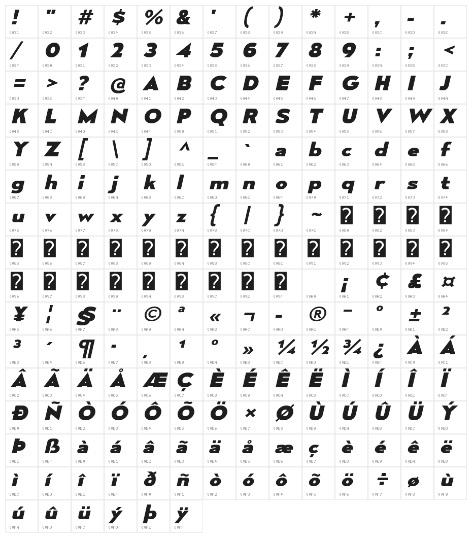 MesmerizeExEb-Italic Character Map