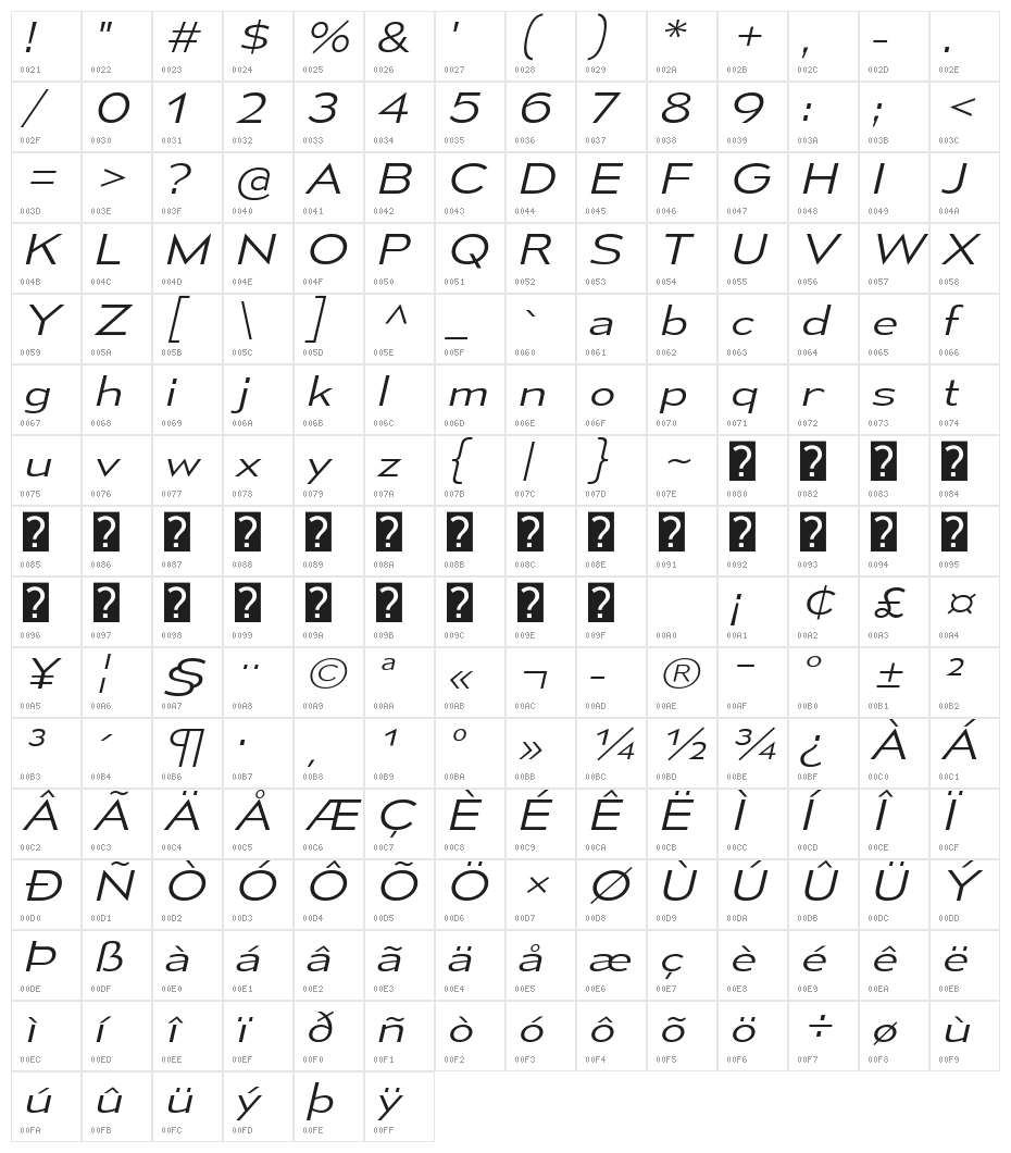 MesmerizeExLt-Italic Character Map
