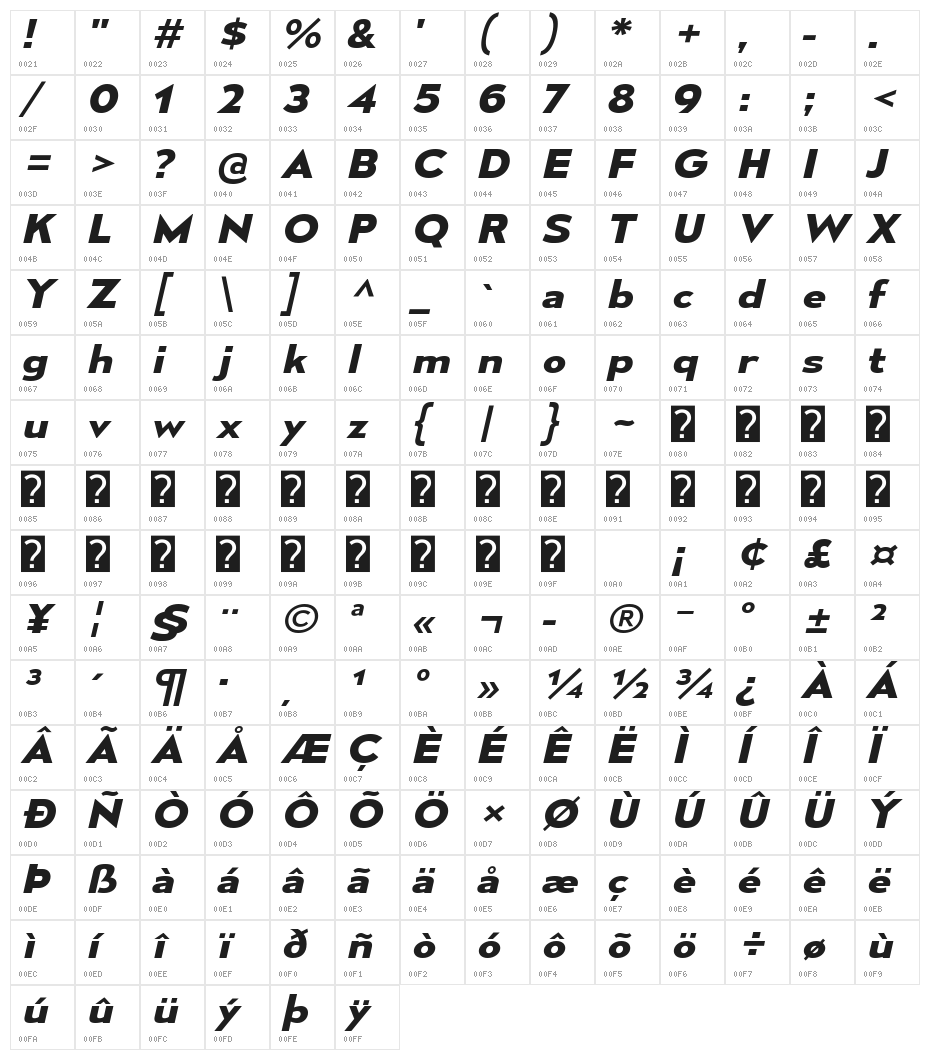 MesmerizeExRg-BoldItalic Character Map