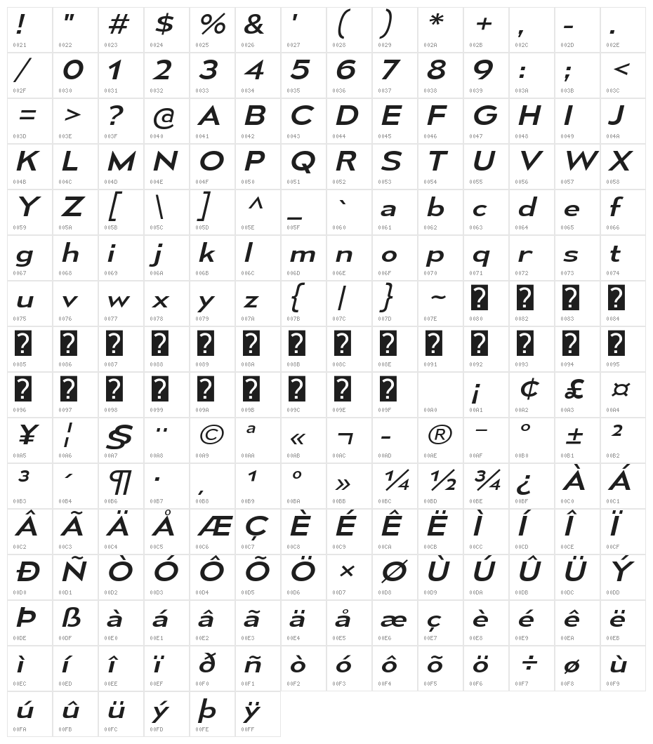 MesmerizeExRg-Italic Character Map