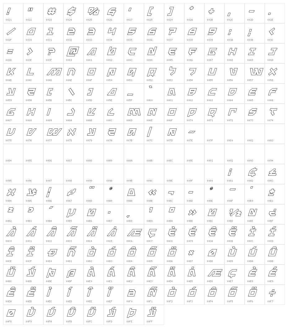 Metal Storm Outline Italic Character Map