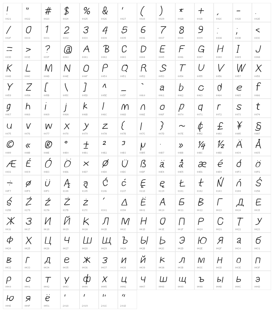 MewTooHand Bold Italic Character Map