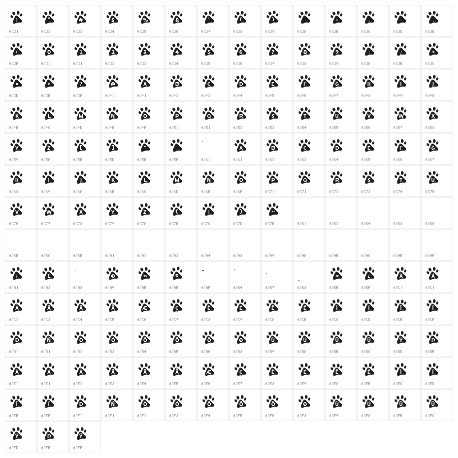 MF Paw Prints Character Map