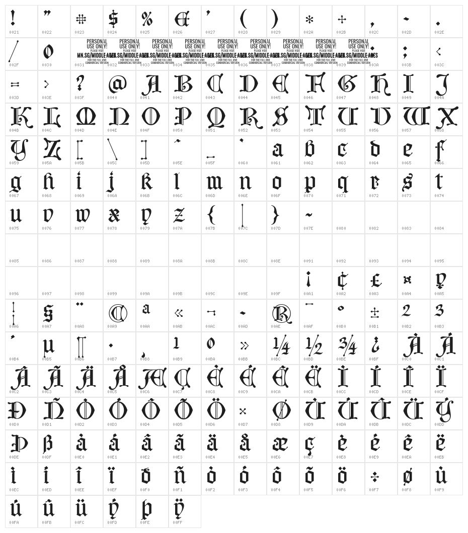 Middle Ages PERSONAL USE Character Map
