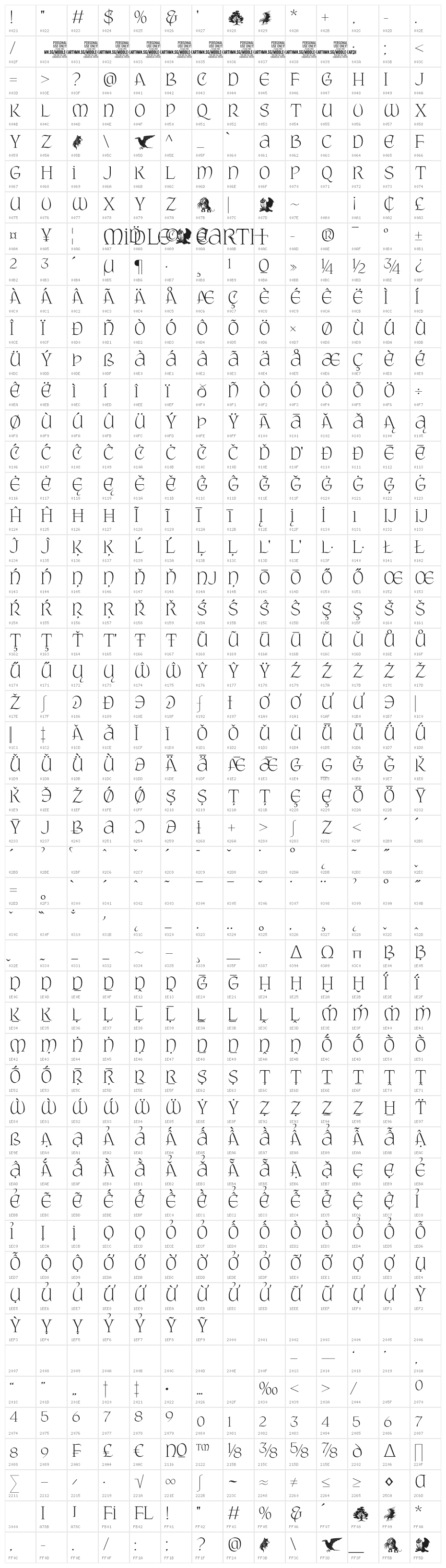 Middle Earth PERSONAL USE Regular Character Map