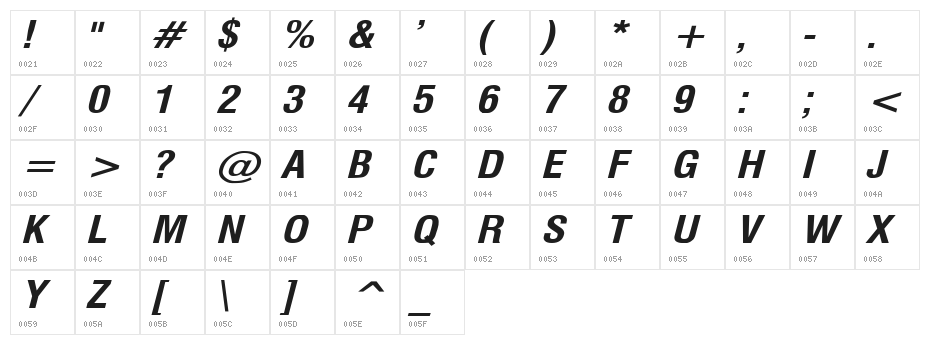 Milford Bold Italic Character Map