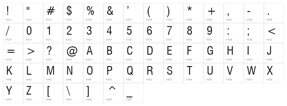 Milford Condensed Character Map