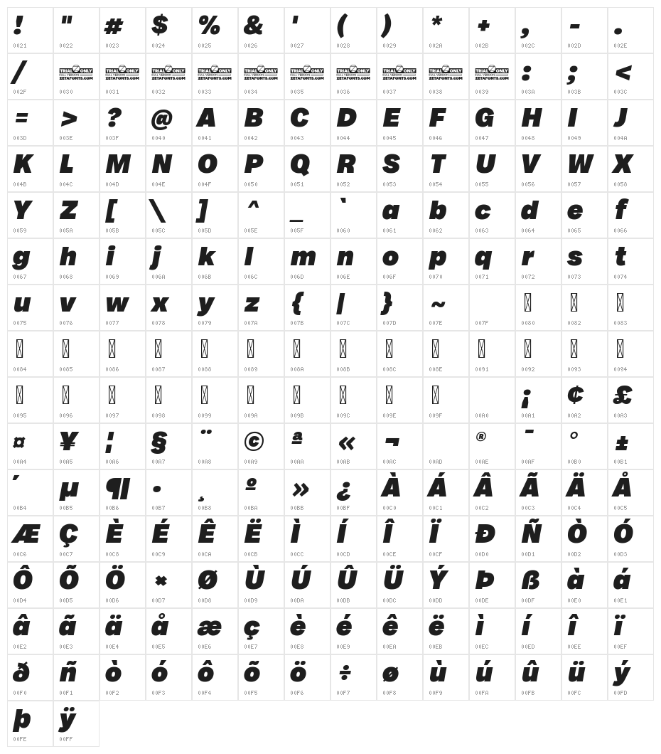 Milligram Macro Trial Heavy Italic Character Map