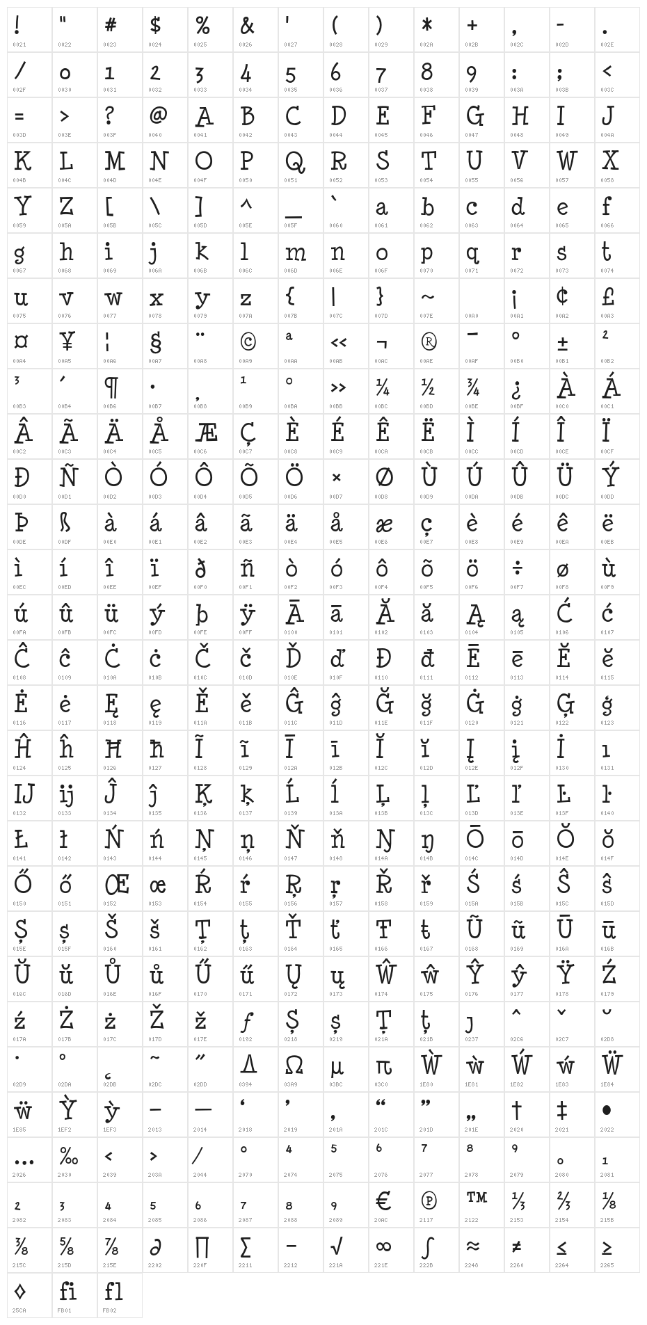 MinyaNouvelle-Regular Character Map