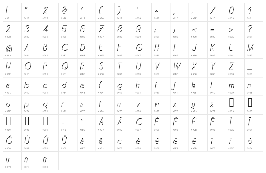 Mirage Italique Character Map