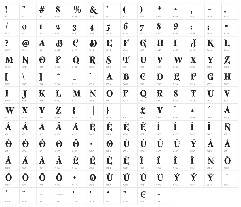Miztar-Regular Character Map