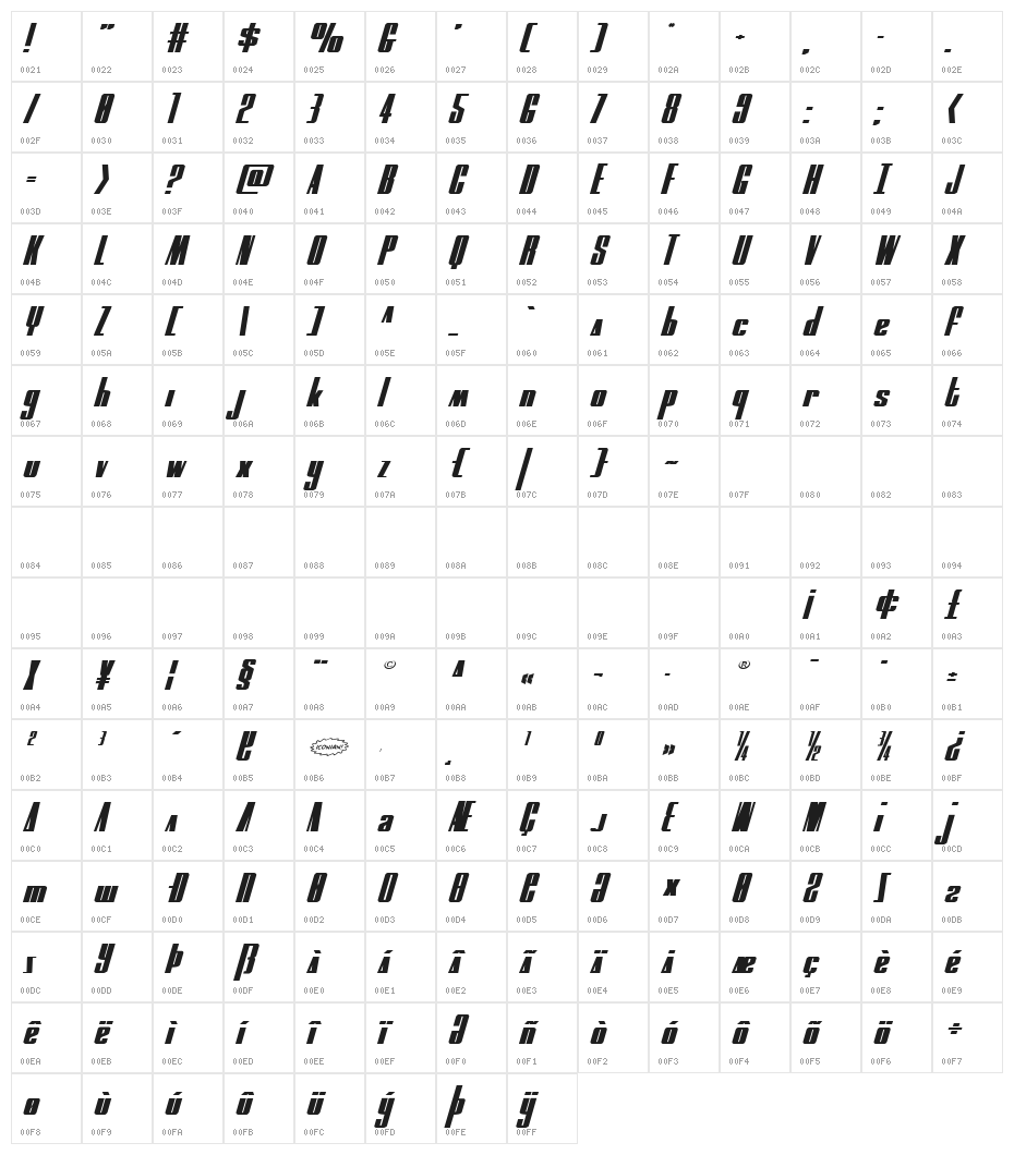 MOON Runner Expanded Italic Character Map