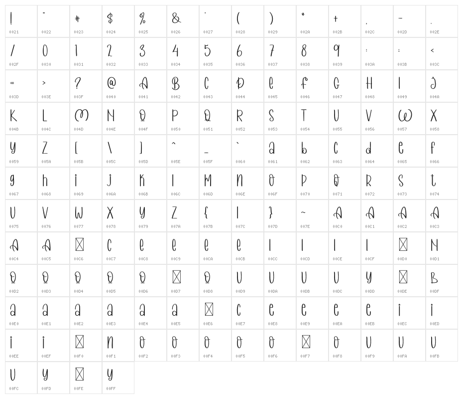 MORNING WINTER Character Map