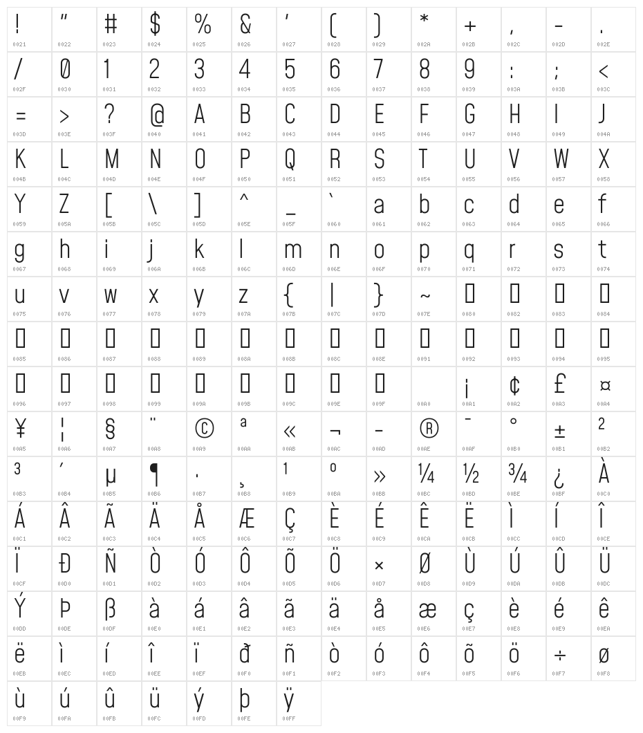 Mohave Light Character Map