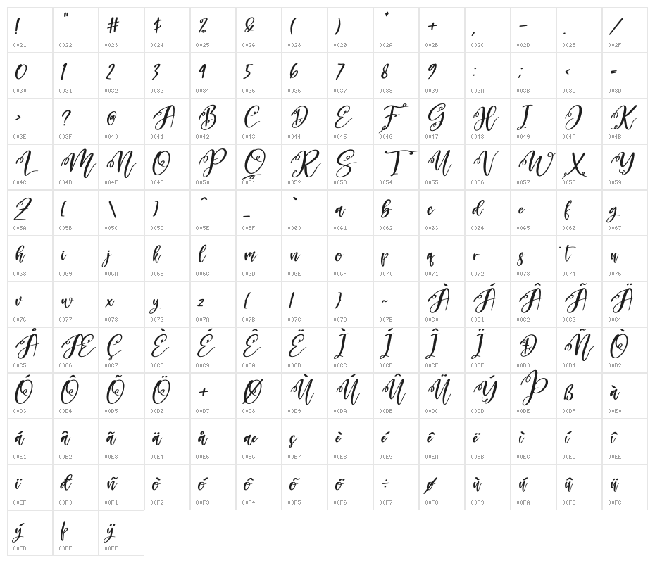 Monday Holiday Italic Character Map