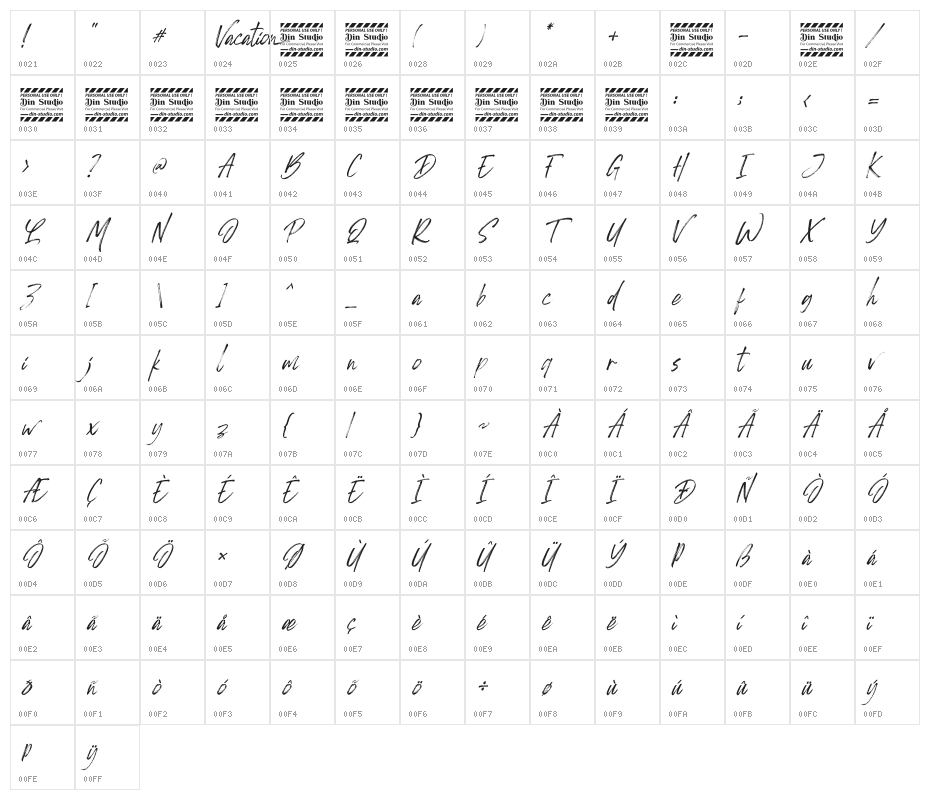 Monday Vacation Italic Script Character Map