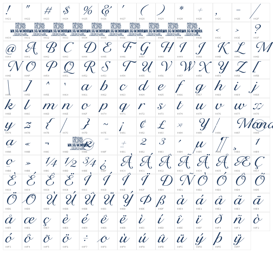 Mondira Script PERSONAL USE Regular Character Map