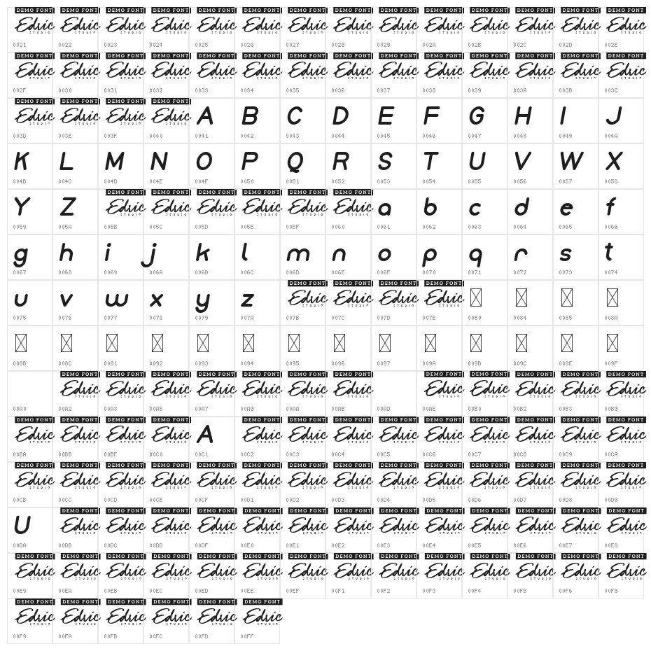 Monice Demo Italic Character Map