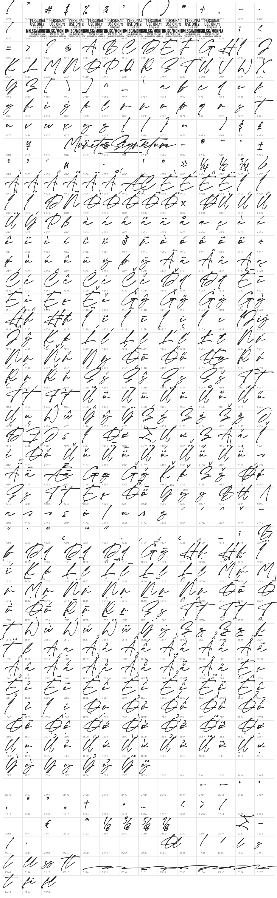 Monita Signature PERSONAL USE Bold Italic Character Map