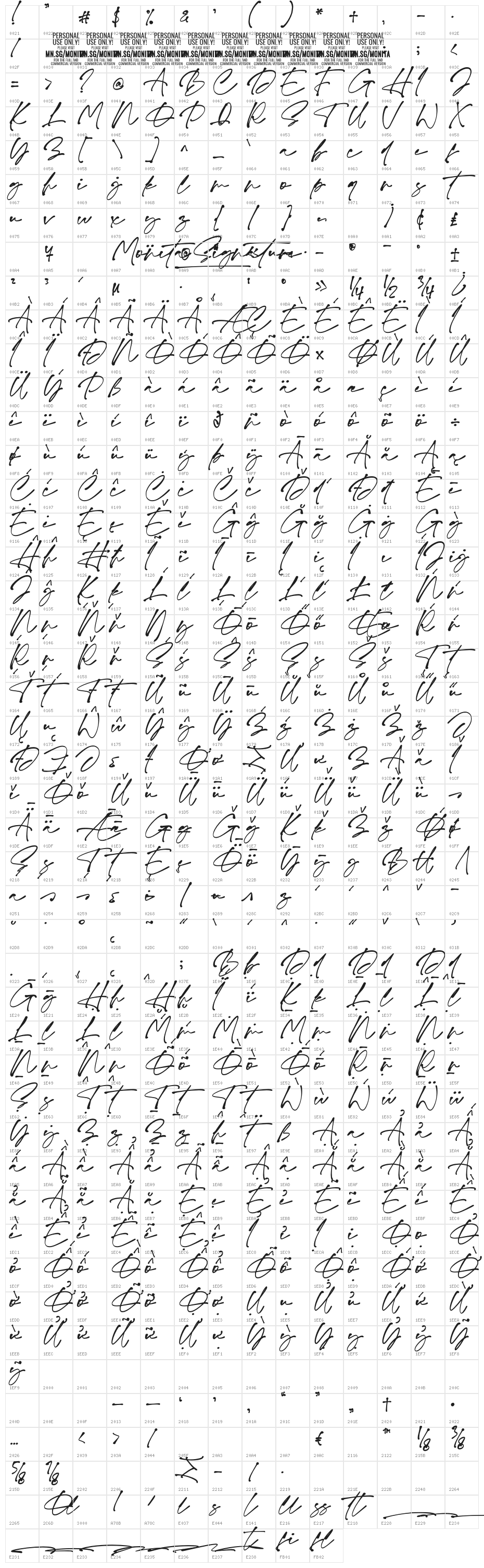 Monita Signature PERSONAL USE Bold Character Map