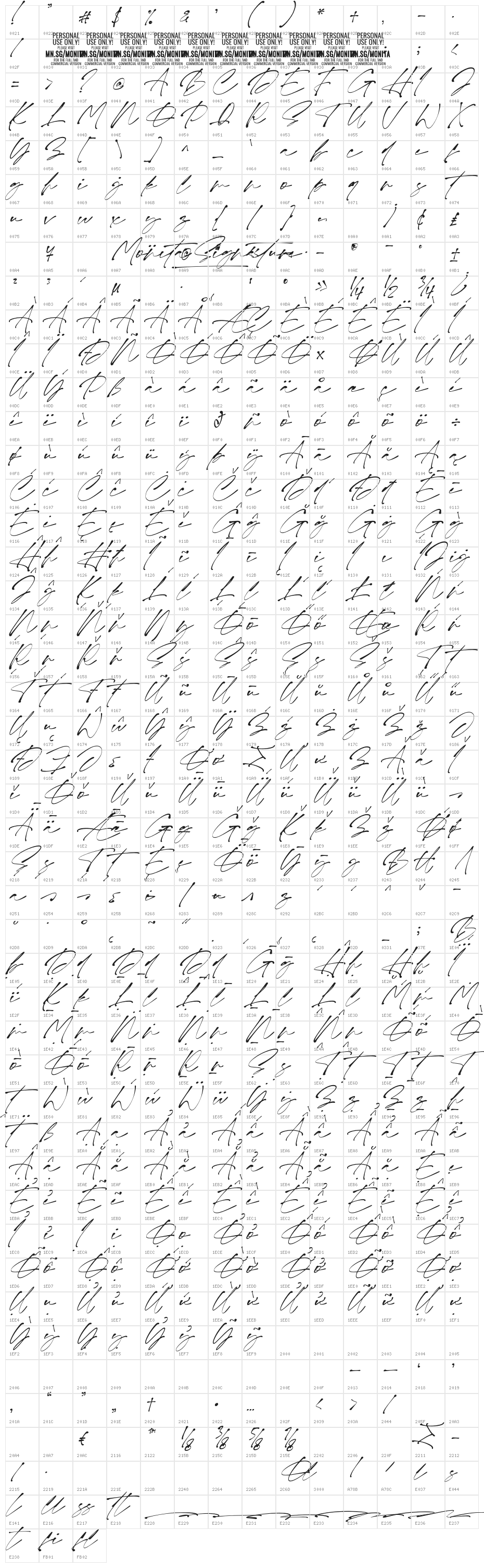 Monita Signature PERSONAL USE Regular Italic Character Map