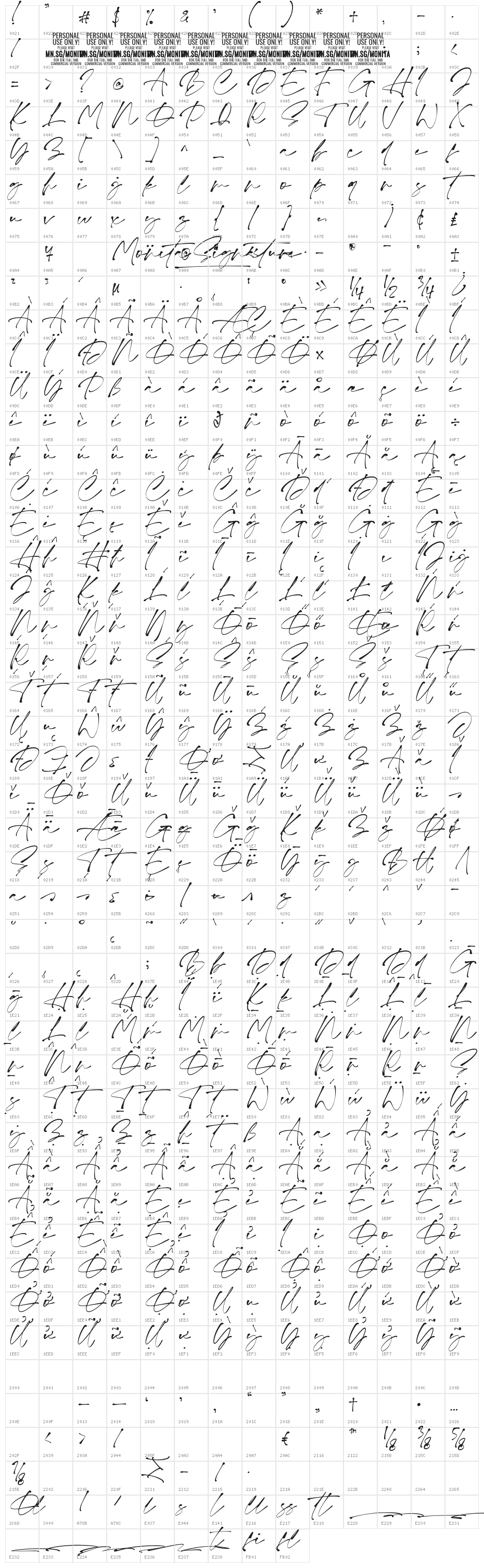 Monita Signature PERSONAL USE Regular Character Map