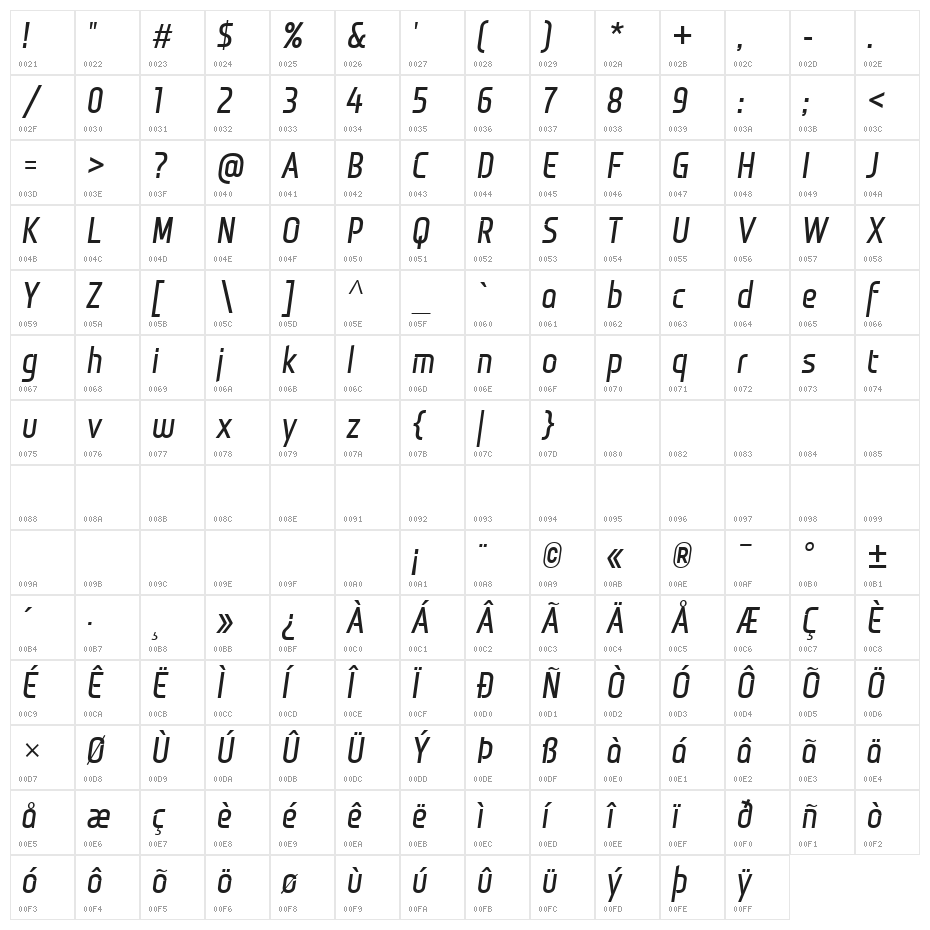 Monitorica Bold Italic Character Map