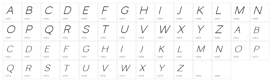 Monocole Free Italic Character Map