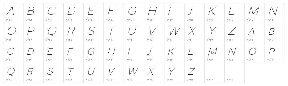 Monocole Free Thin Italic Character Map