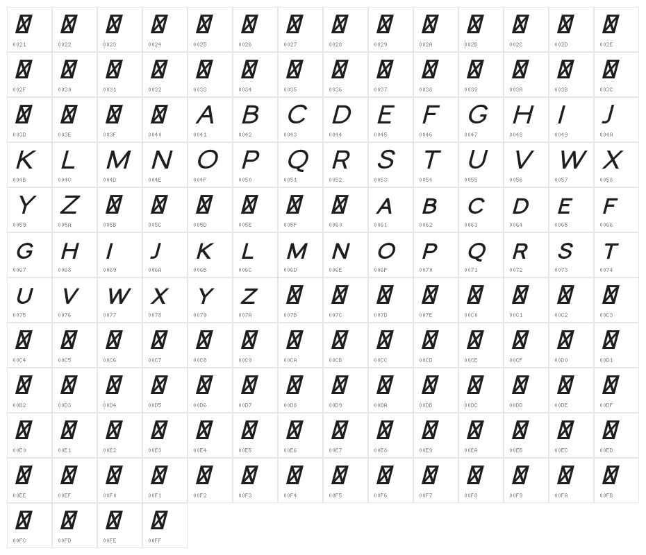 MonocoleFree-BoldItalic Character Map