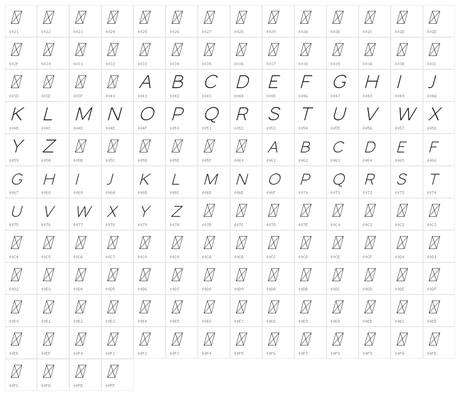 MonocoleFree-Italic Character Map