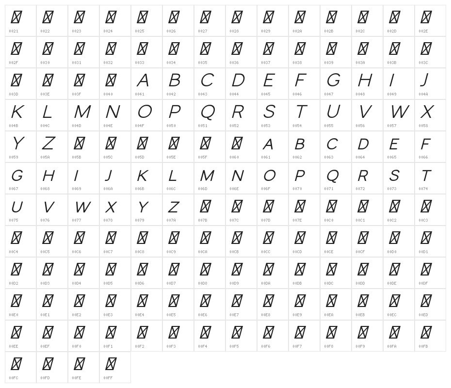MonocoleFree-SemiBoldItalic Character Map