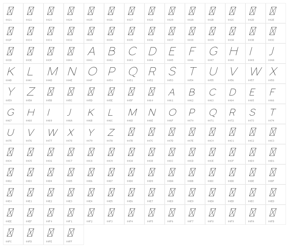 MonocoleFree-ThinItalic Character Map