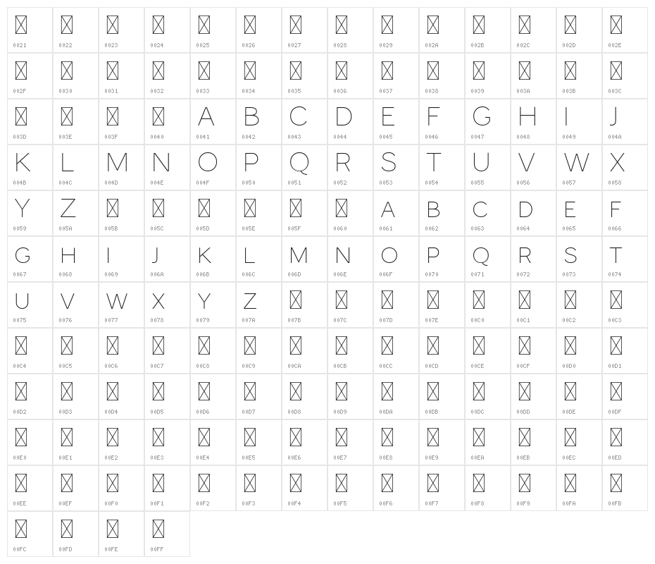 MonocoleFree-Thin Character Map